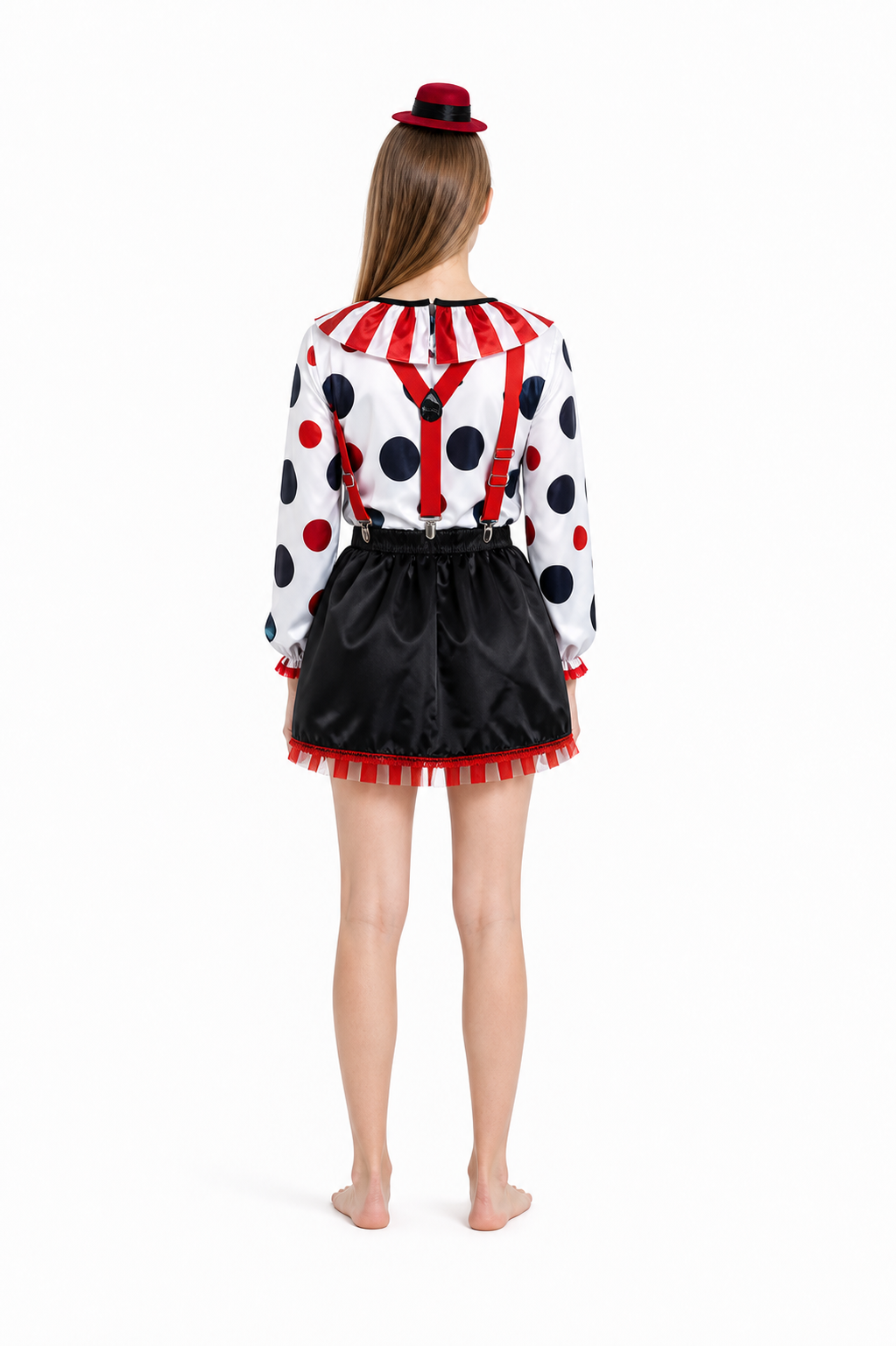 Clown Costume with Skirt, Hat, and Suspenders back view