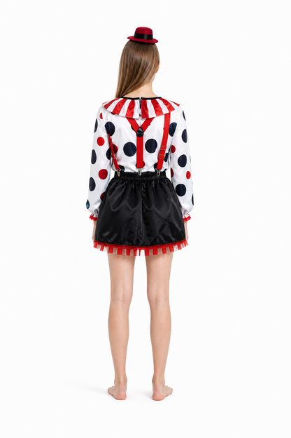 Clown Costume with Skirt, Hat, and Suspenders back view