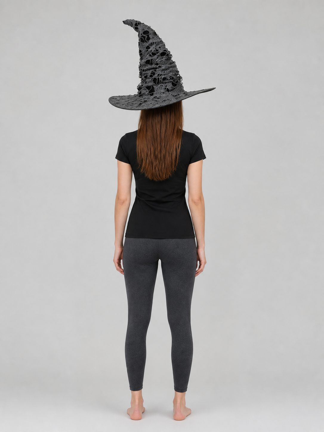 Gray Black Halloween Witch Hat For Women Wide Brim Curved Pointed Tattered Torn back view 2