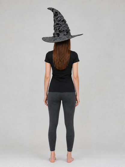 Gray Black Halloween Witch Hat For Women Wide Brim Curved Pointed Tattered Torn back view 2