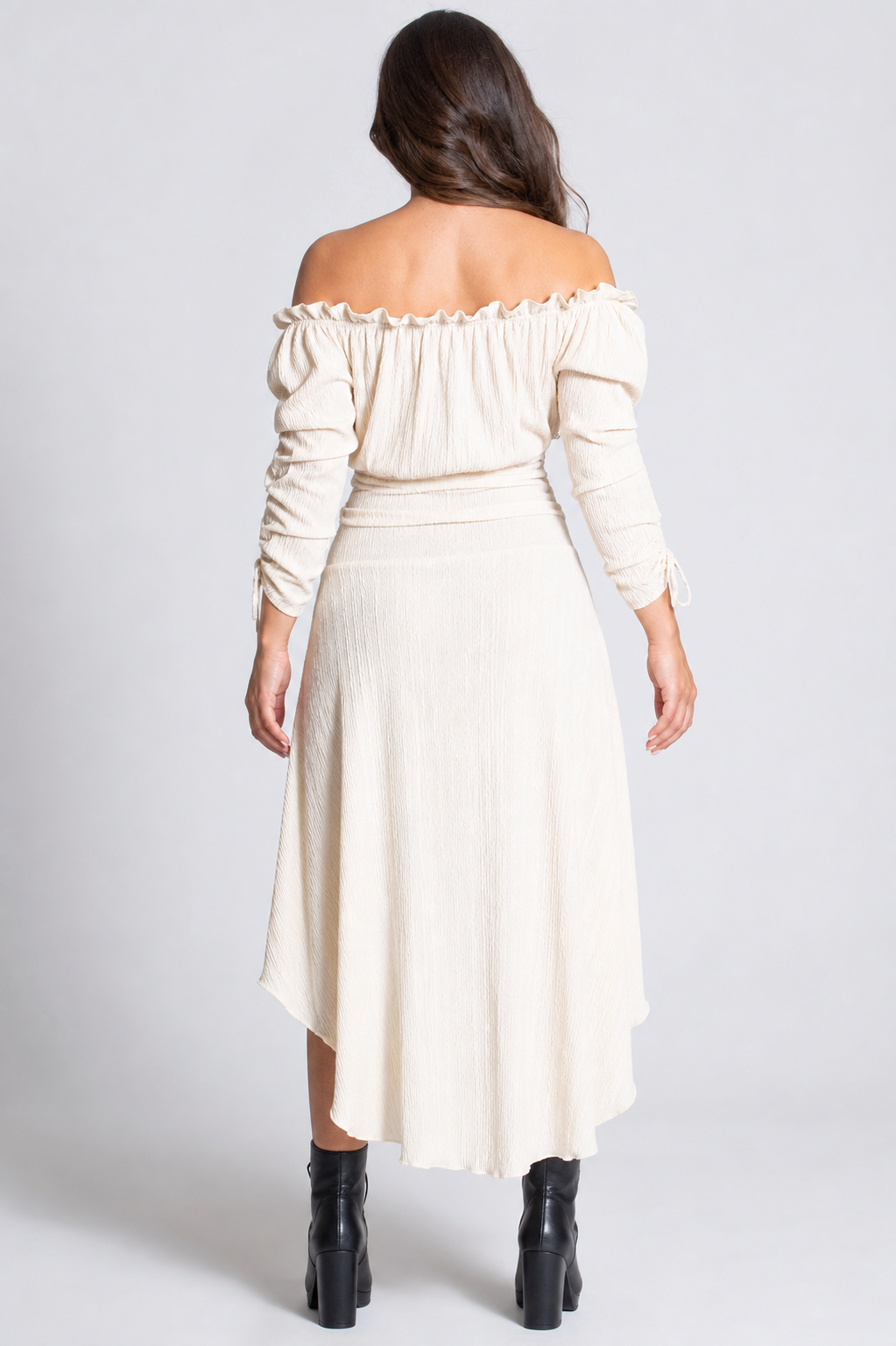 Long Off-the-Shoulder Dress with an Asymmetrical Hem