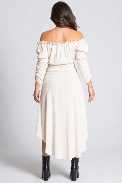 Long Off-the-Shoulder Dress with an Asymmetrical Hem