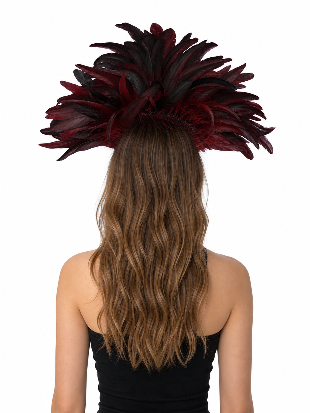 Back view of a model wearing a wide burgundy and black feather headpiece above long brown hair