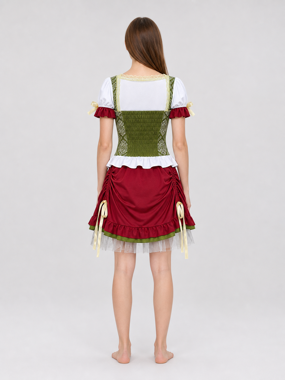 Costume with a corset-style top, skirt, hat, and ribbons