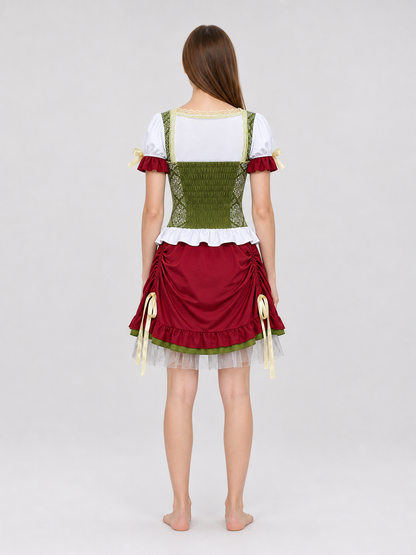 Costume with a corset-style top, skirt, hat, and ribbons