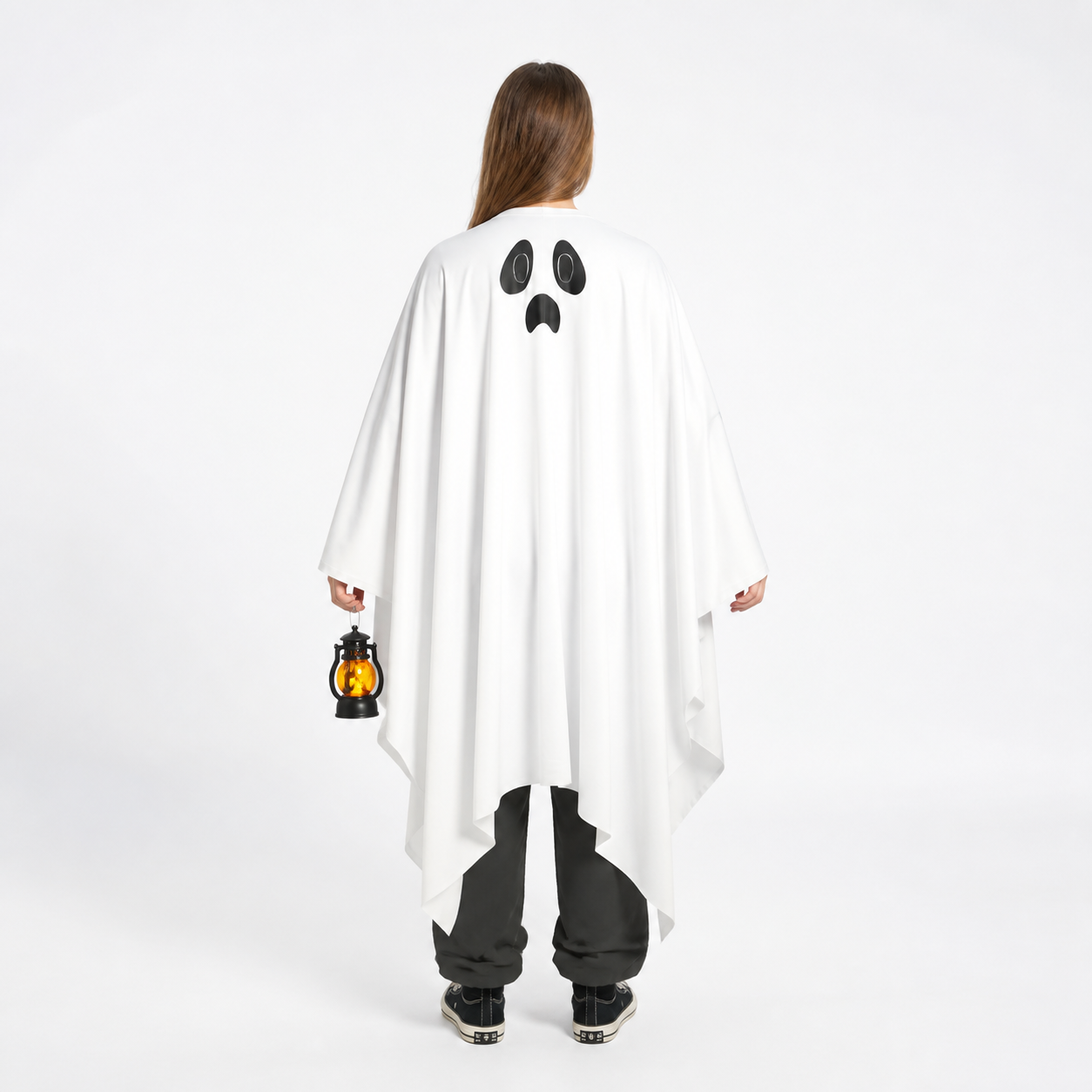 White Ghost Costume with Hood and Black Face back view
