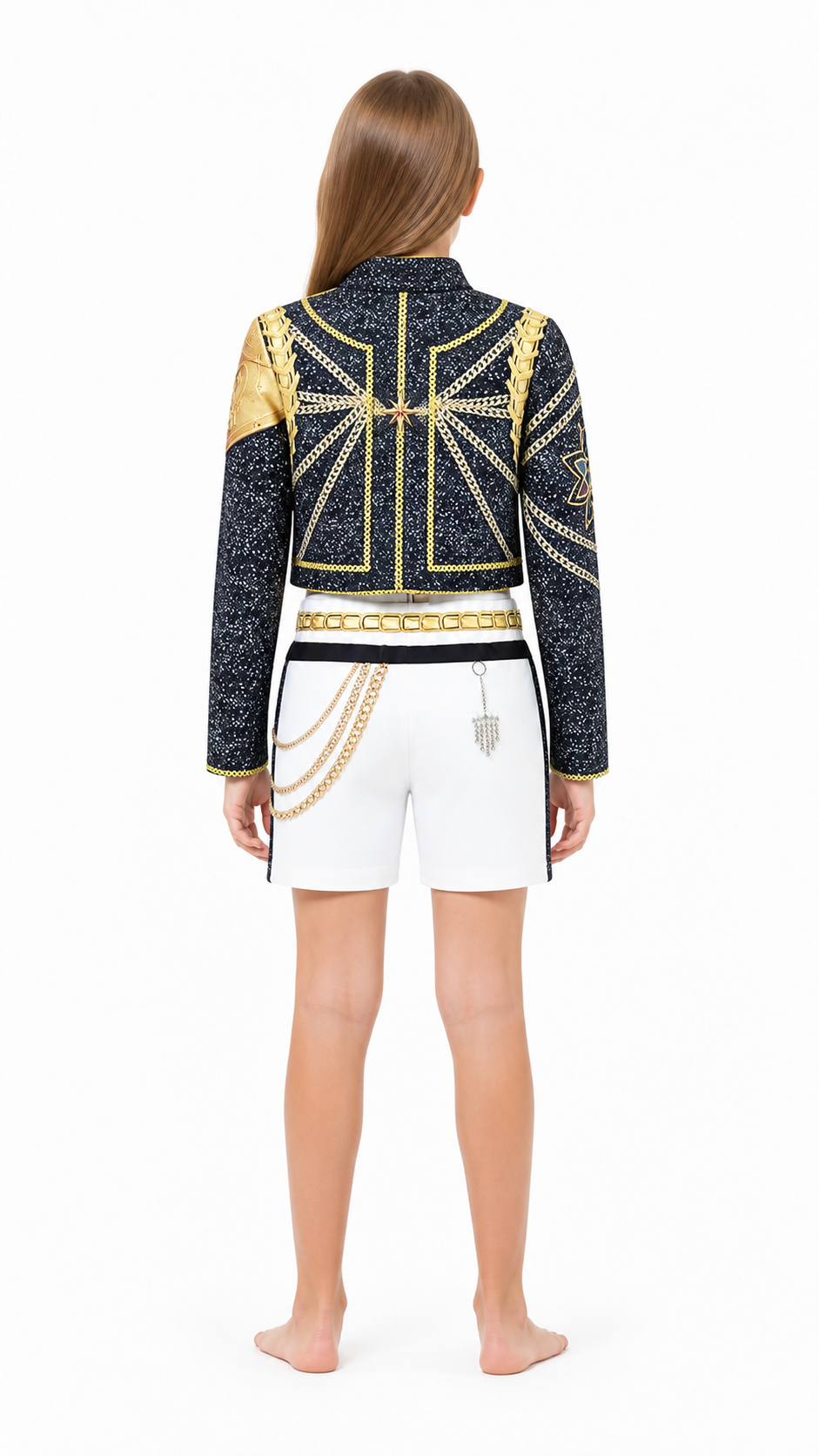 Children's Demon Hunter Costume: Jacket and Chain-Decorated Shorts back view