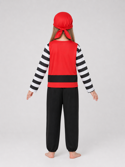 Back view of a girl's red pirate costume with plain red vest, striped sleeves, black pants and tied red headscarf