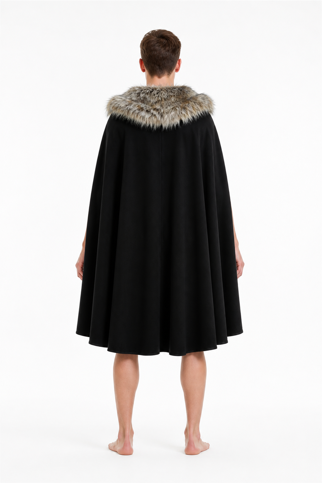 Long Cape with Fur Collar, Black back view