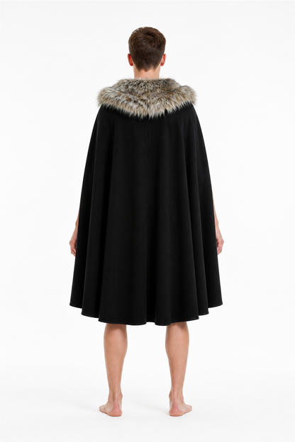 Long Cape with Fur Collar, Black back view