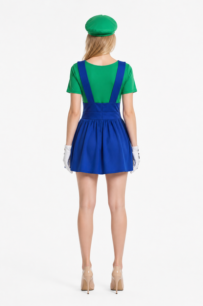 Luigi Costume Jumpsuit with Hat and Beard for Halloween back view