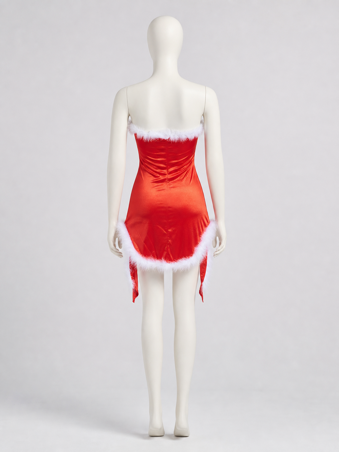 Red Christmas cosplay costume designed as a Santa Claus look. The set includes a festive costume in a red color theme with white decorative elements. The design features a sleeveless bustier silhouette, a red dress with a fitted contour, an