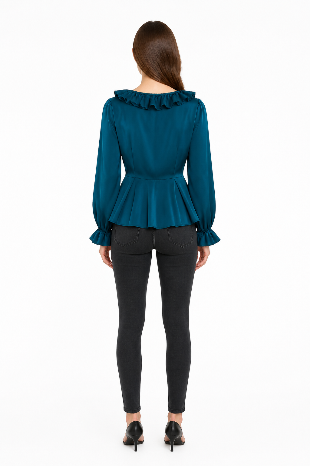 Ruffled Blouse with Flared Sleeves, Turquoise back view