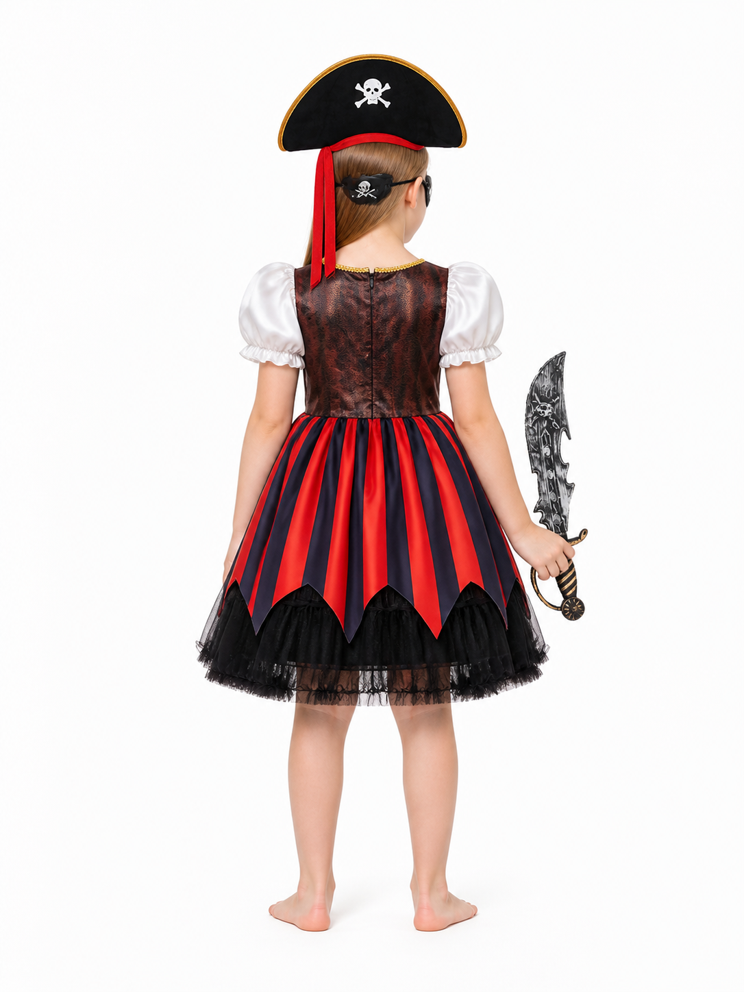 Pirate Costume with Striped Dress and Accessories back view
