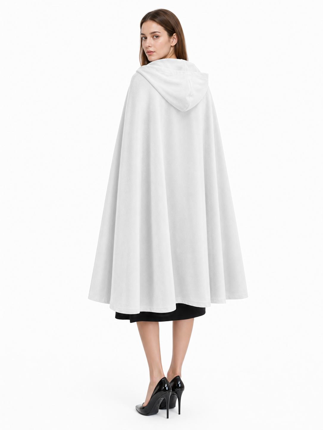 Medieval White Velvet Hooded Long Cloak Cape with Black Bow Tie Front Flared Hem back view 3