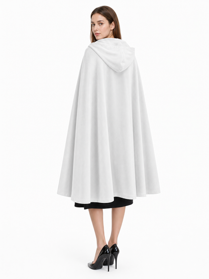 Medieval White Velvet Hooded Long Cloak Cape with Black Bow Tie Front Flared Hem back view 3