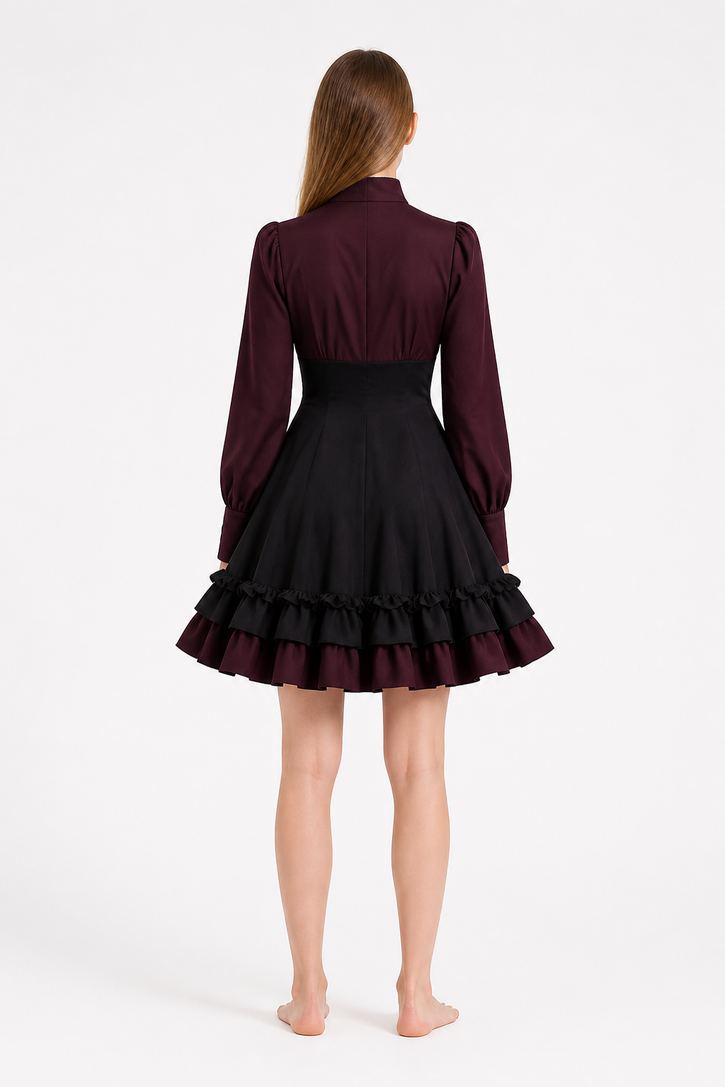 Black and Burgundy Dress with Ruffles and a High Collar back view