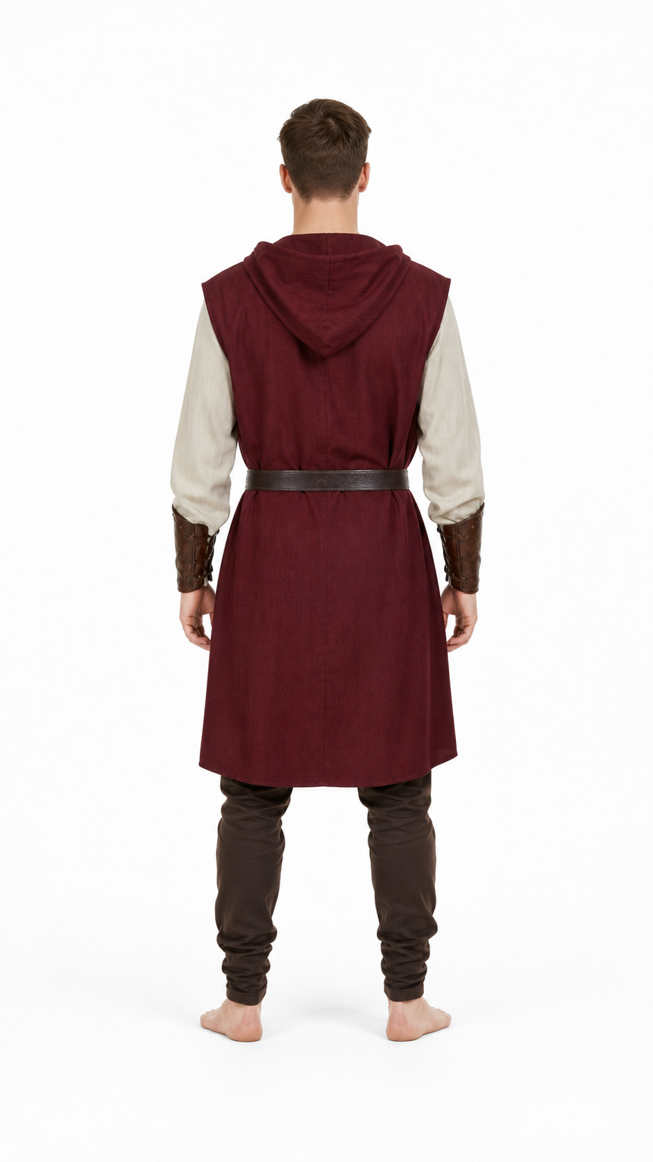 Adult Medieval Fantasy Hooded Cape, Wine Red Sleeveless Long Split-Hem Cloak back view 4