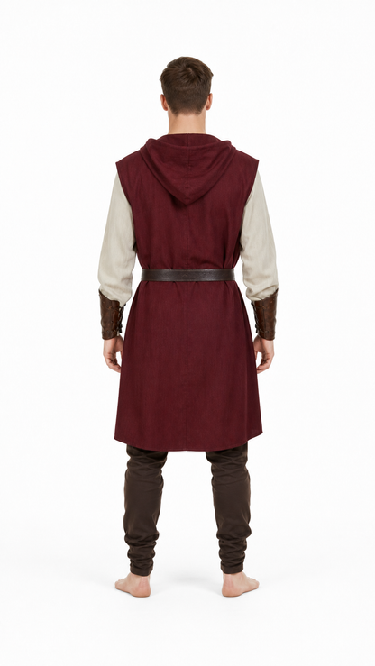Adult Medieval Fantasy Hooded Cape, Wine Red Sleeveless Long Split-Hem Cloak back view 4