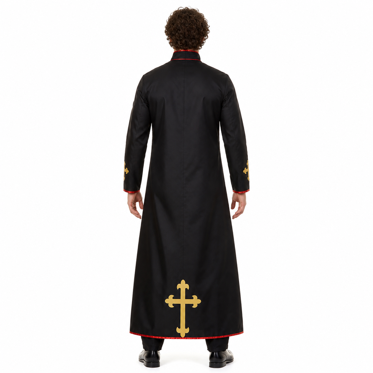 Black Cassock with Gold Cross and Red Trim back view