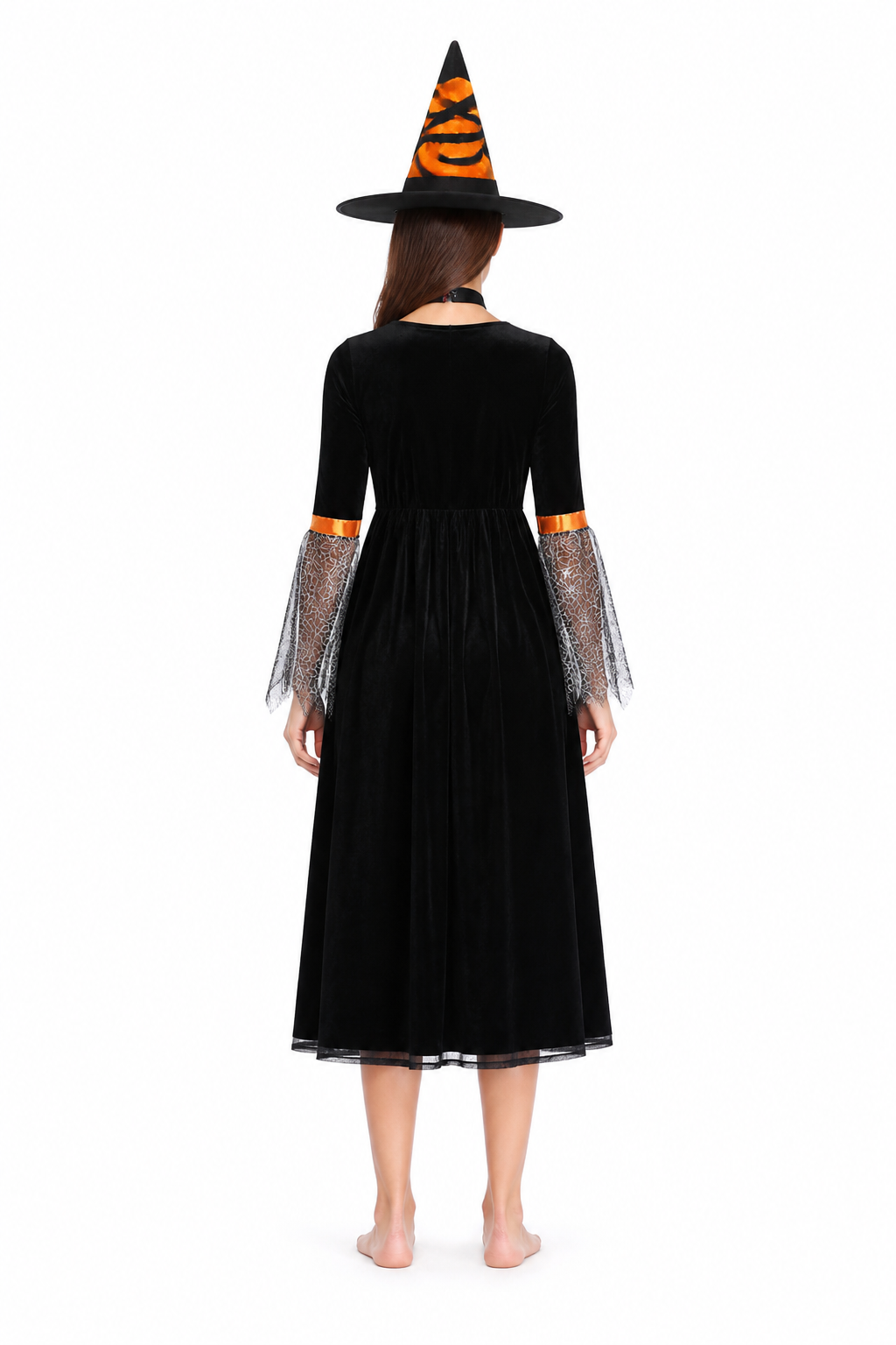 Halloween Costume with Spiderweb Design, Black and Orange back view