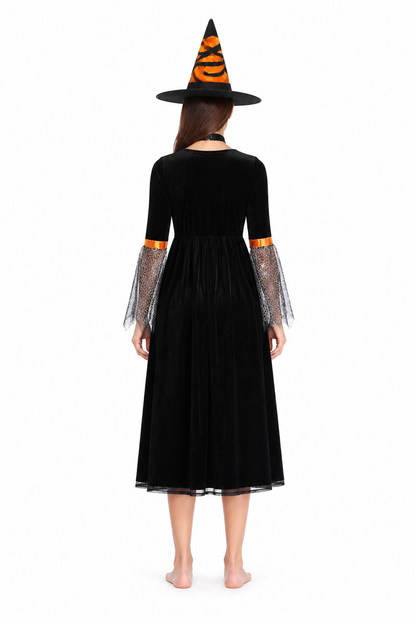 Halloween Costume with Spiderweb Design, Black and Orange back view