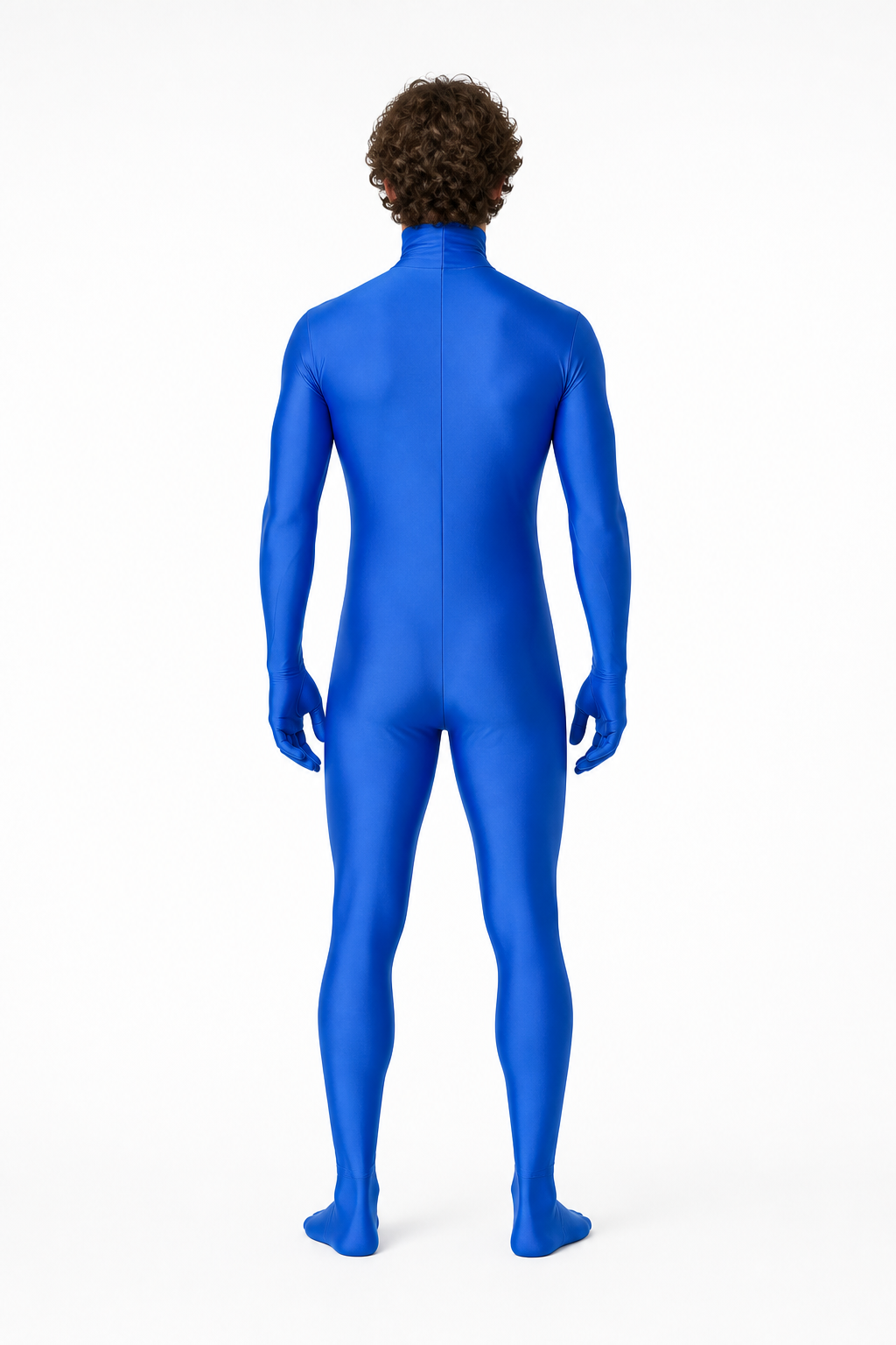 Blue Hooded Zentai Suit with an Open Face back view