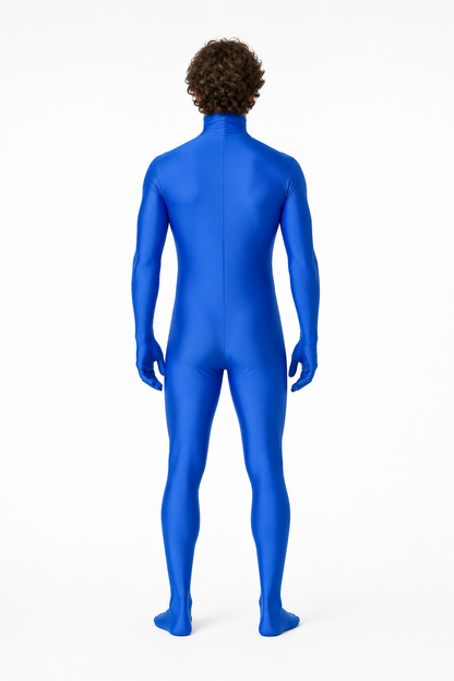 Blue Hooded Zentai Suit with an Open Face back view