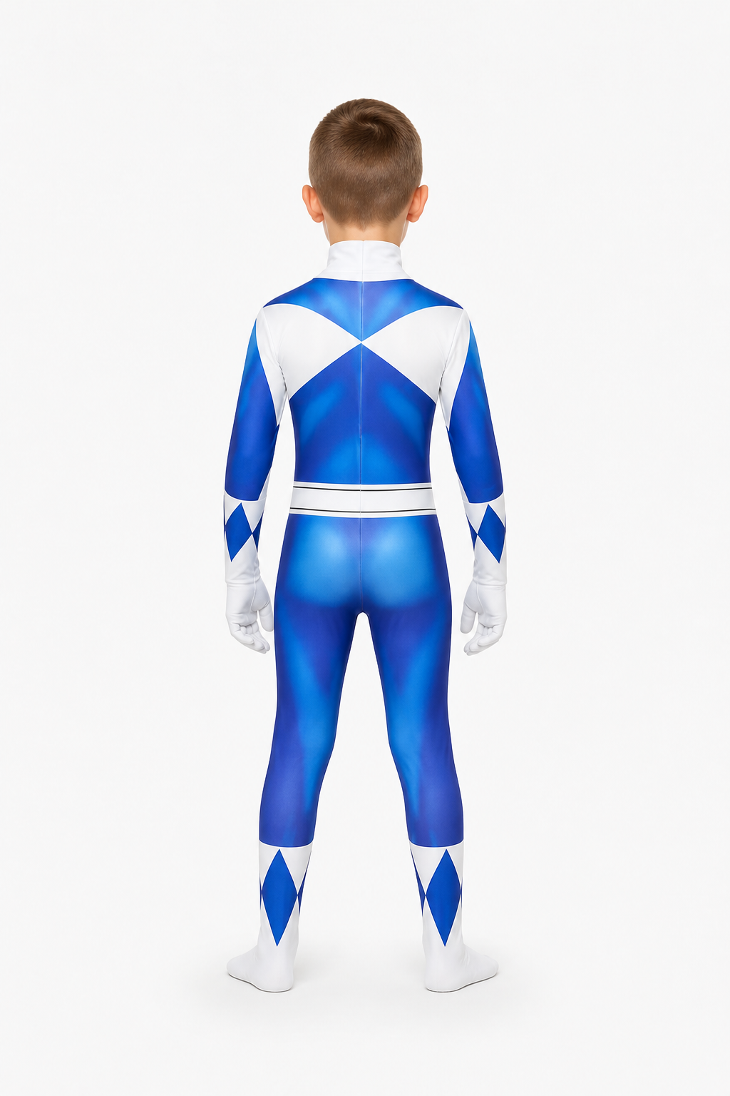Children’s blue and white superhero costume with mask back view