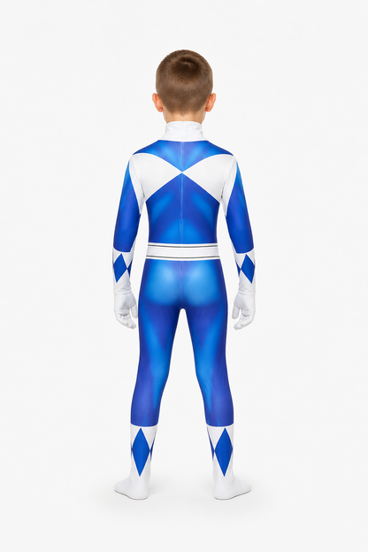 Children’s blue and white superhero costume with mask back view