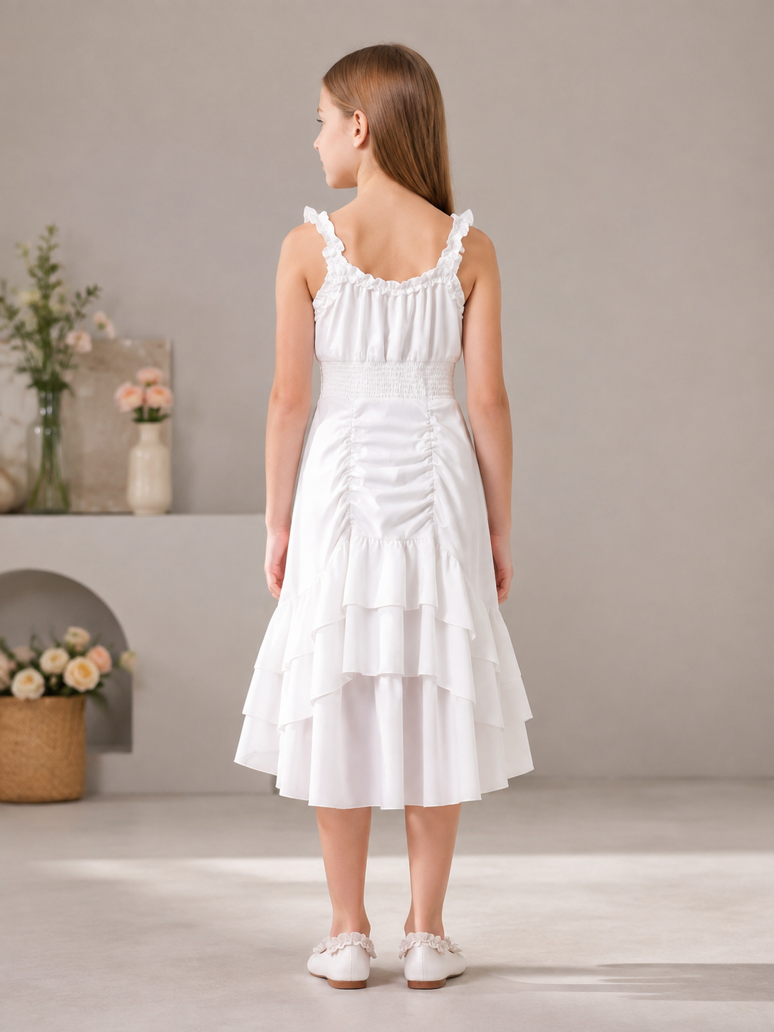 Medieval Ruffle-Trimmed Midi Dress with Straps back view