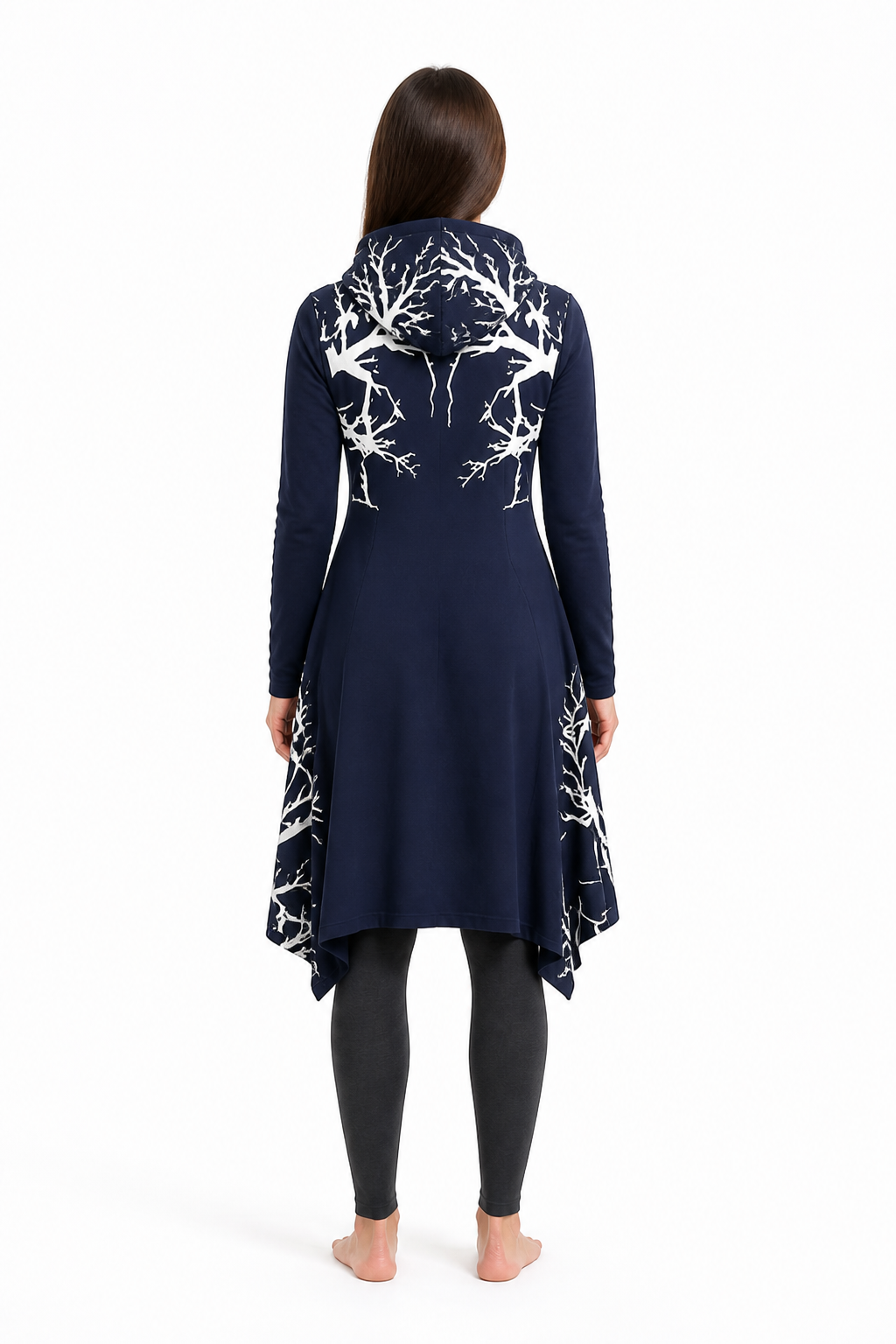 Dark navy cloak with a hood and asymmetrical hem back view