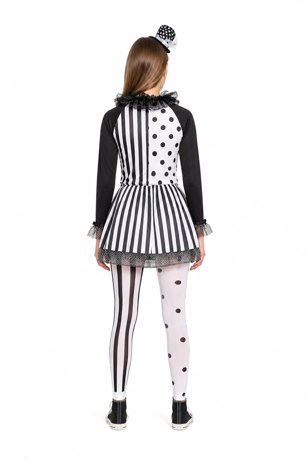 Polka Dot and Striped Clown Costume with Pom-Poms back view