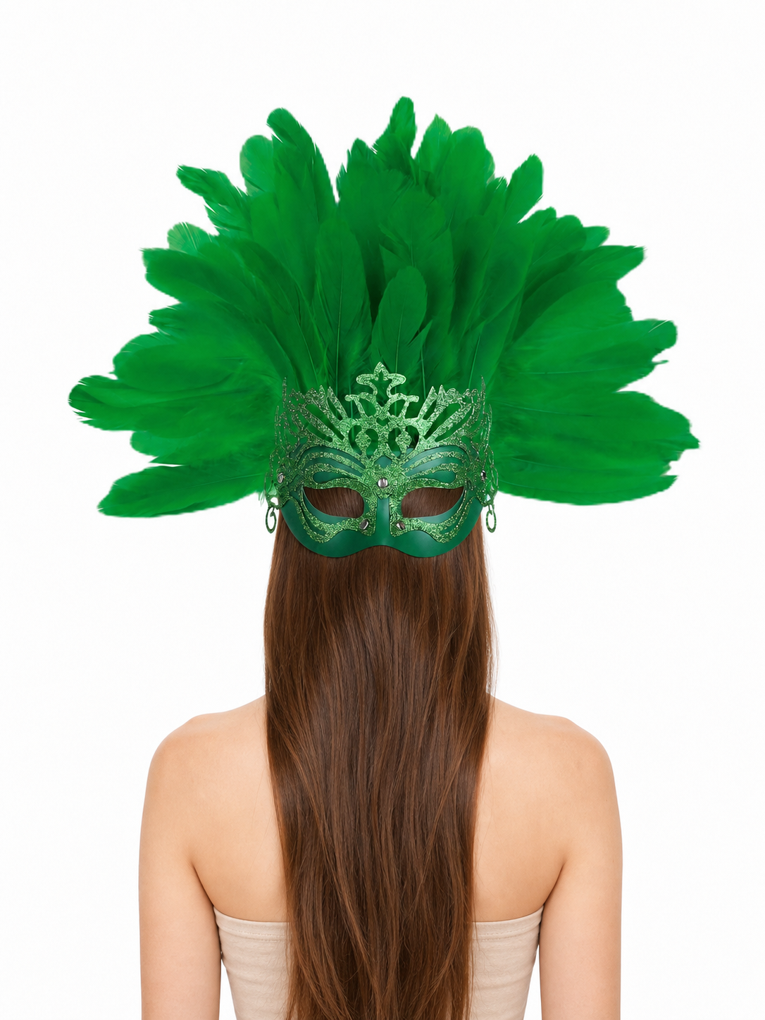 Carnival Mask with Green Feathers and Glitter