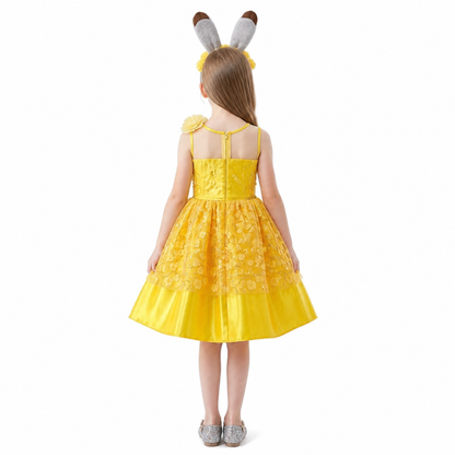 Yellow Cosplay Dress with Floral Decor back view