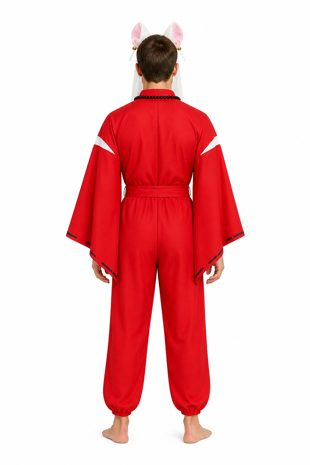 Inuyasha Cosplay Costume, Red Kimono with Wig and Ears back view