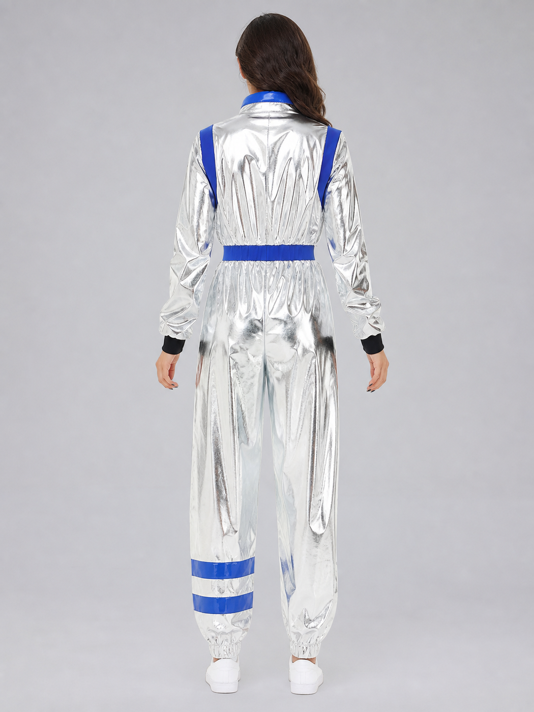 Silver and blue one-piece astronaut costume for cosplay back view
