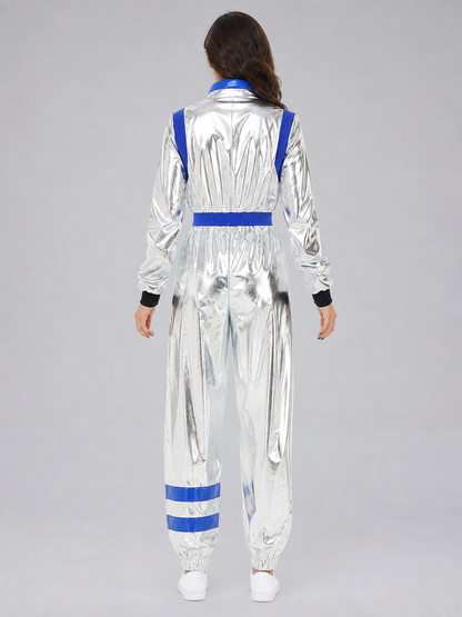 Silver and blue one-piece astronaut costume for cosplay back view