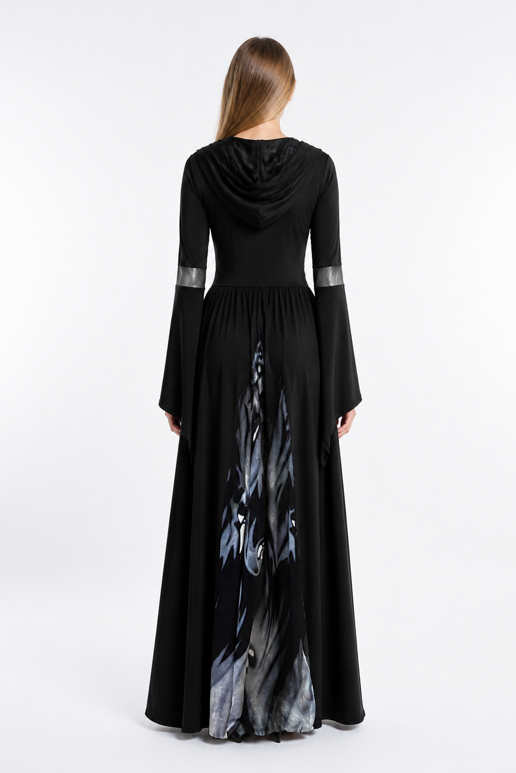 Skull-Print Hooded Dress with Lace-Up Front back view