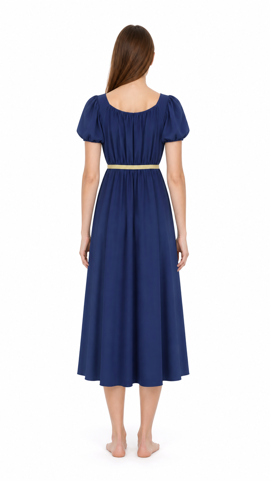 Long Blue Dress with Puff Sleeves and Ribbon back view
