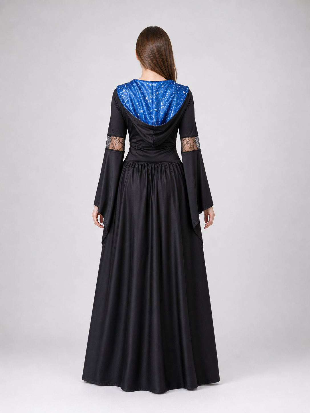This costume is designed to create a witch, vampire, or ghostly character look for Halloween and themed role-playing events. The design features a black-and-blue color combination and consists of a long dress with a hood and long sleeves. T