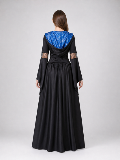 This costume is designed to create a witch, vampire, or ghostly character look for Halloween and themed role-playing events. The design features a black-and-blue color combination and consists of a long dress with a hood and long sleeves. T