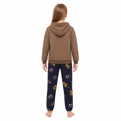 Hooded Pajama Set, Navy Polka-Dot Pants with a Bear back view