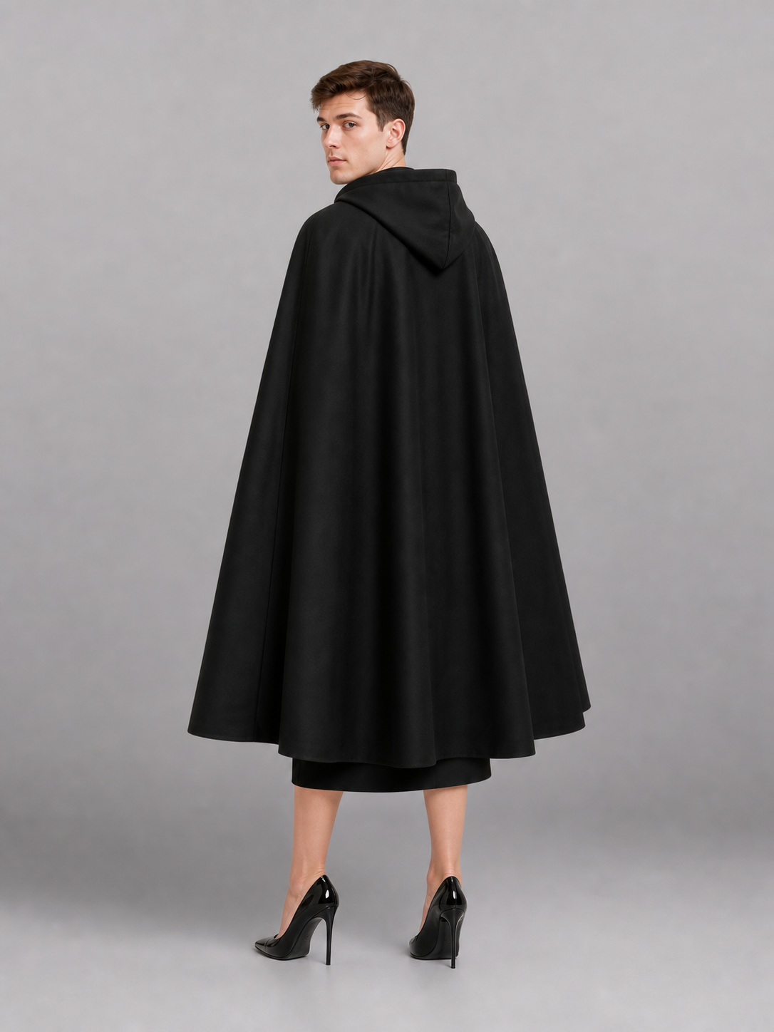 Long black hooded carnival cloak