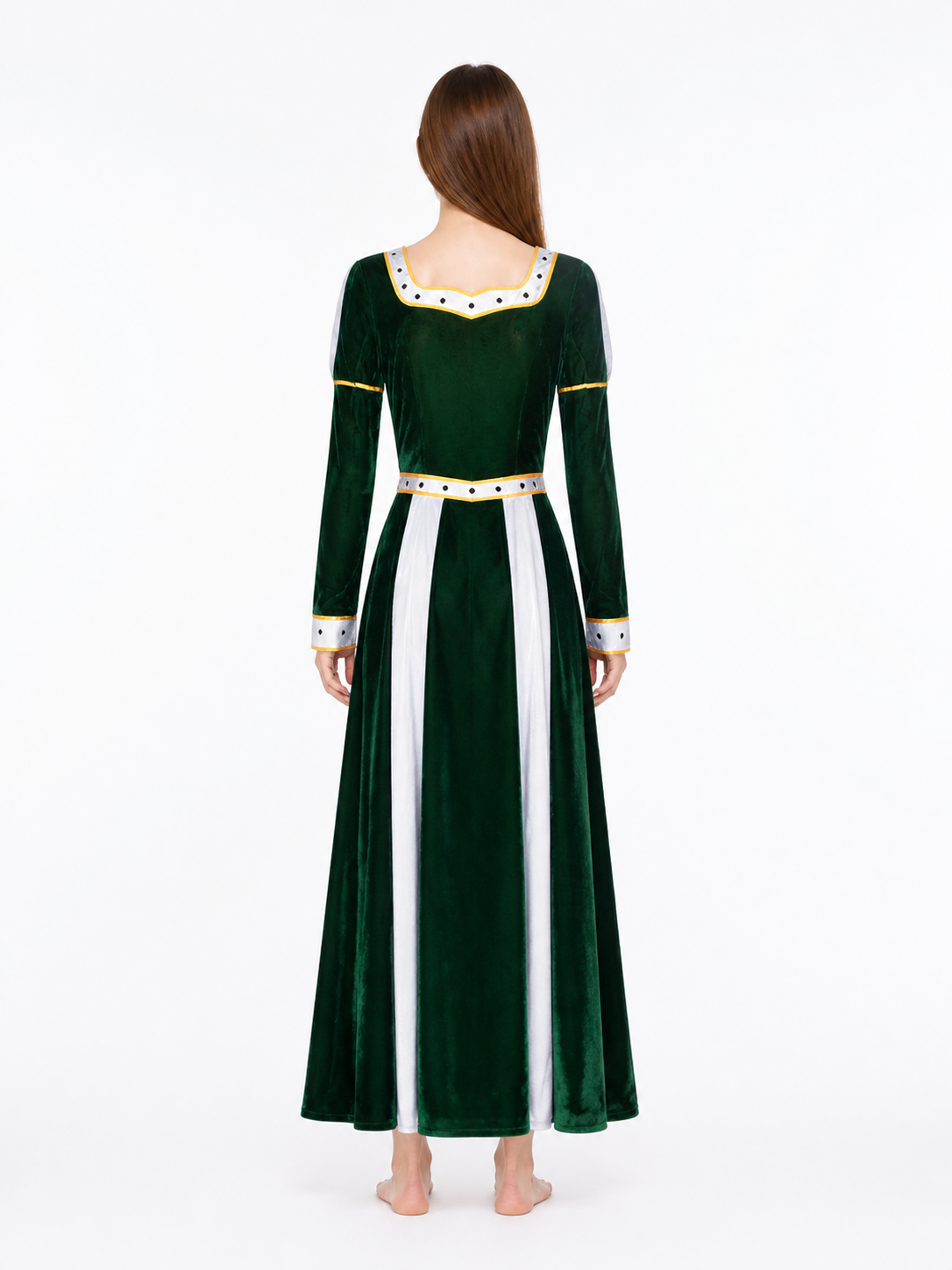 Long Green Cosplay Dress with White Inset back view