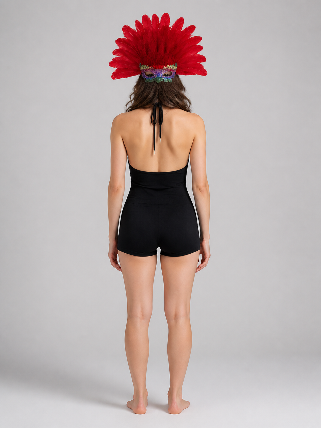 Carnival Headpiece with Red Feathers and Mask back view