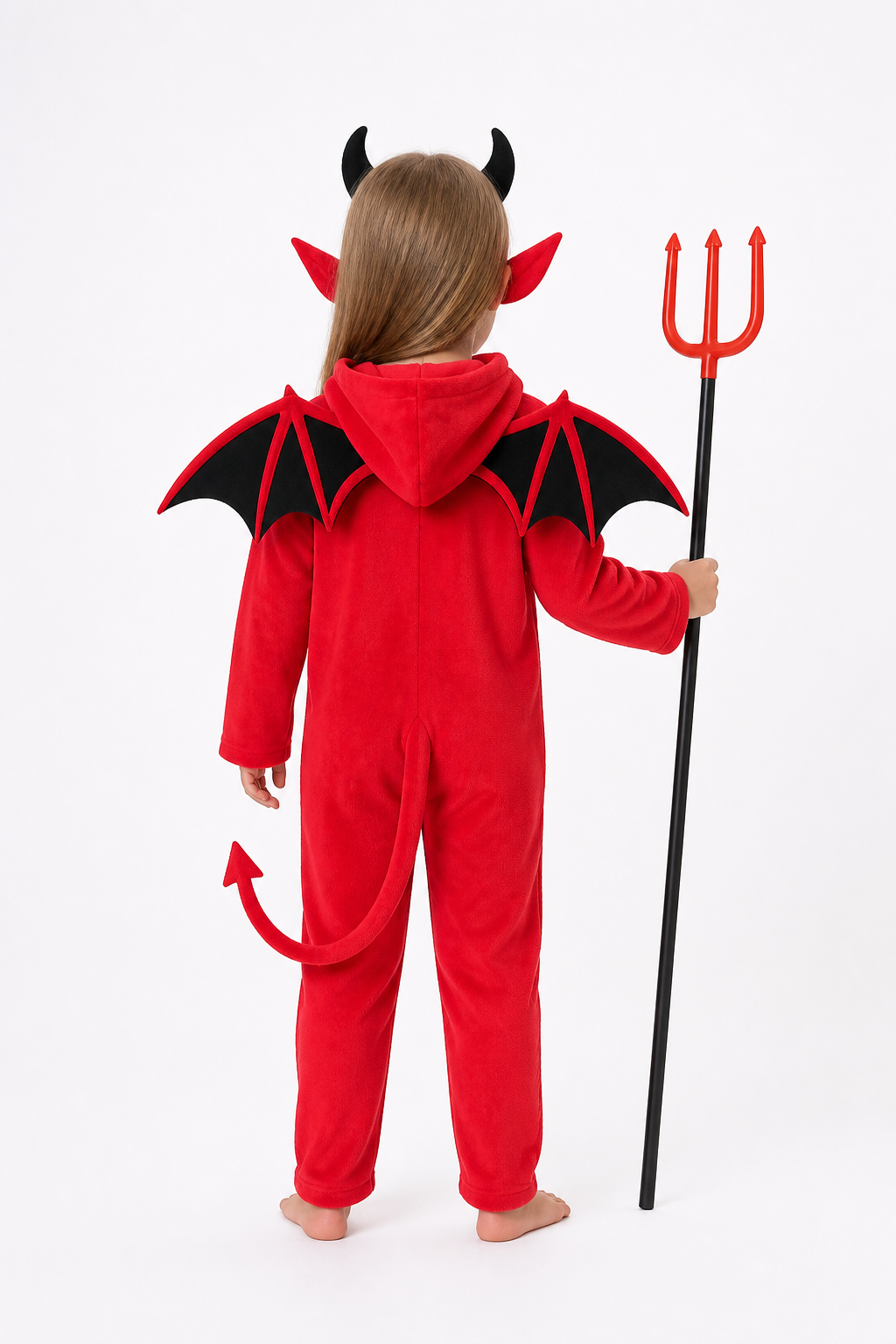 Demon Costume with Wings, Tail, and Trident back view