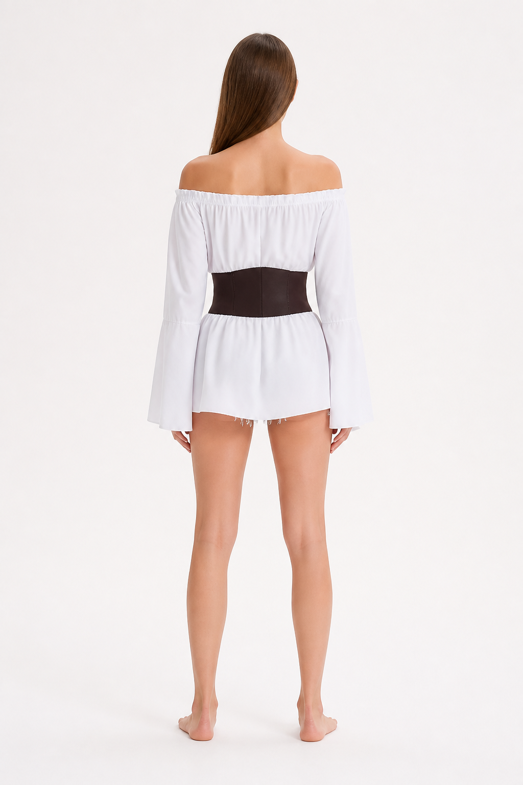White Blouse with Flared Sleeves and Corset Belt