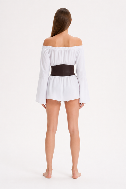 White Blouse with Flared Sleeves and Corset Belt