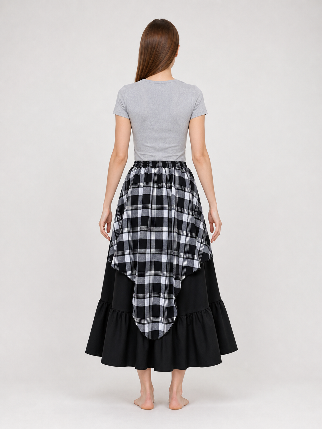 Layered Plaid Skirt with Asymmetrical Draping
